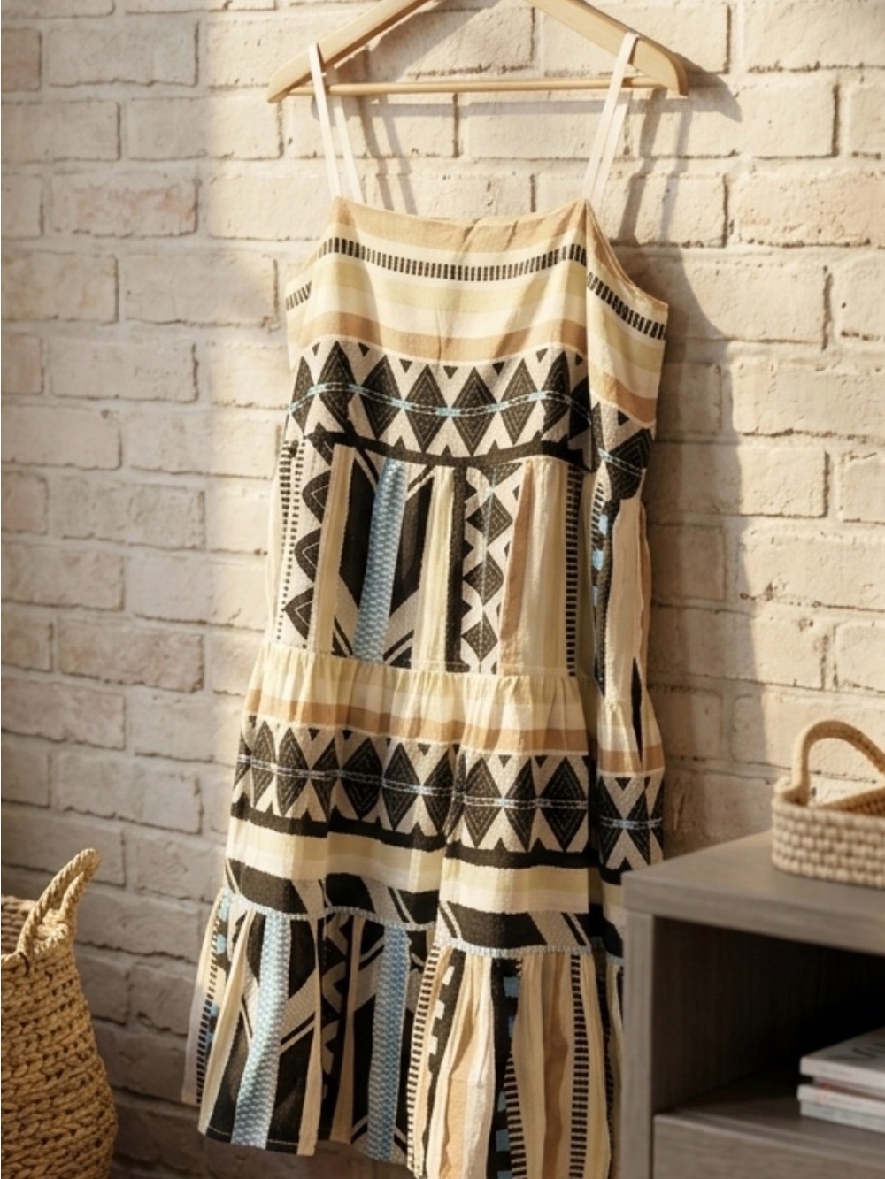 Elan Beige & Black Striped Geometric Midi Dress with Light Blue Accents